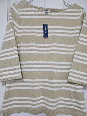 Old Navy Striped Knit Boat Neck 3/4 Sleeve Blouse Beige White Cotton